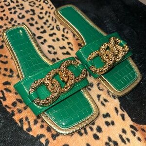 Elegant Green and Gold Women's Slide Sandals
